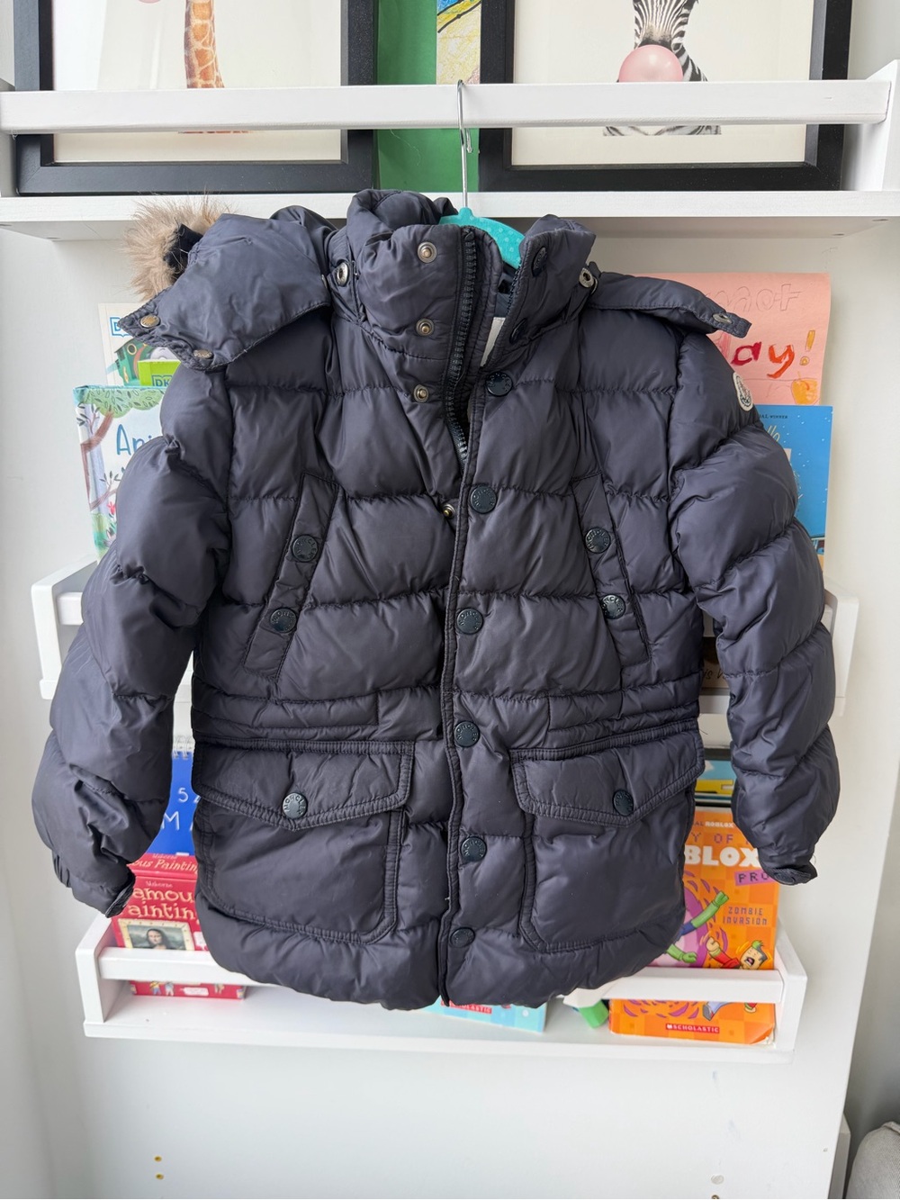 Moncler Kids Navy Quilted Puffer Jacket with Fur Hood size 4